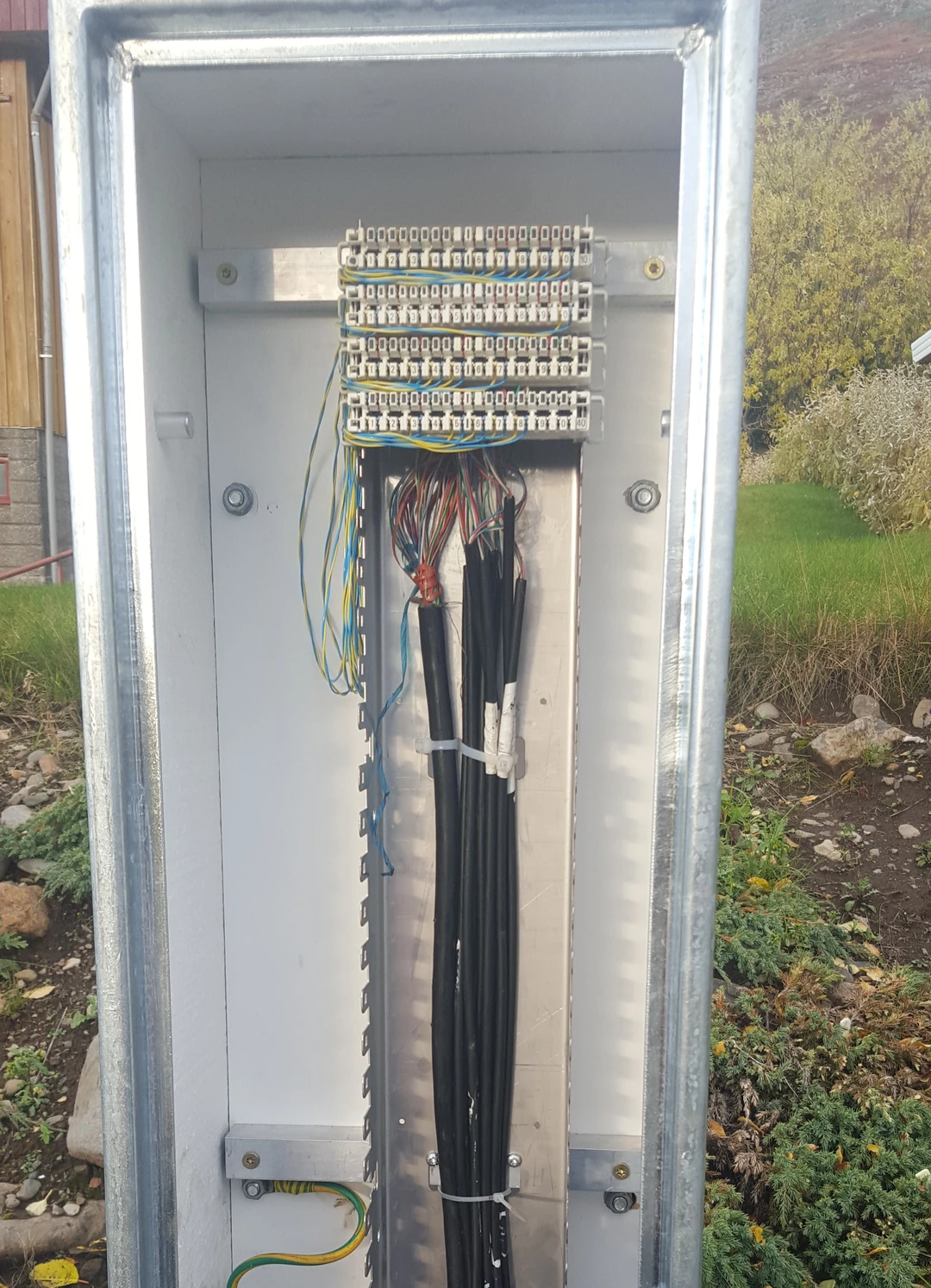 Open outdoor telecommunications cabinet with rows of copper local-loop termination blocks and bundled cables